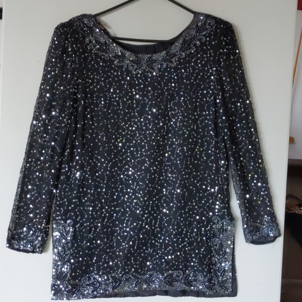 Black w silver sequin formal long sleeve top.
